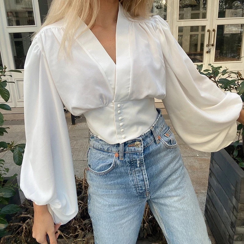 

Vintage Women Oversize Satin Shirts 2021 Summer Fashion Ladies V Neck Chic Tops Loose Female Stylish Shirt Girls Casual