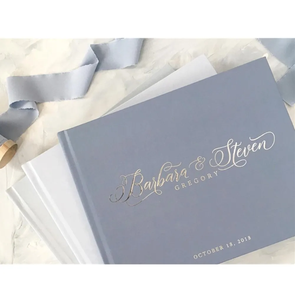 

Индивидуальная синяя Свадебная Гостевая книга landsca с именем и датой, серебристая фольга, синяя Свадебная книга, индивидуальная фотокамера н...