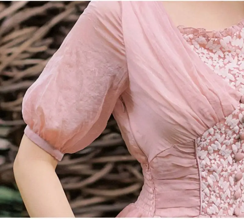 

2020 Summer Women Pink Long Dresses Vestidos short Sleeve Big Swing Chiffon Party Dress
