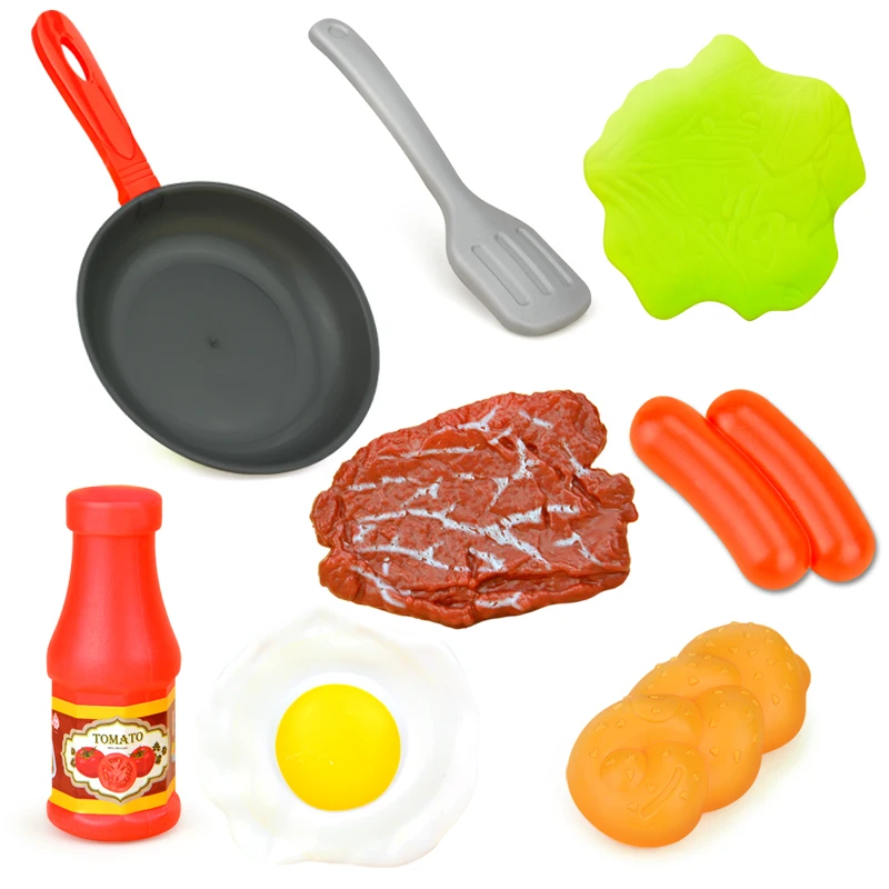 

8PCS Kitchen Food Toys Simulation Kitchenware Play Set Pretend Play Pot Steak Vegetable Bread Hot Dog Omelette Children Girl Toy