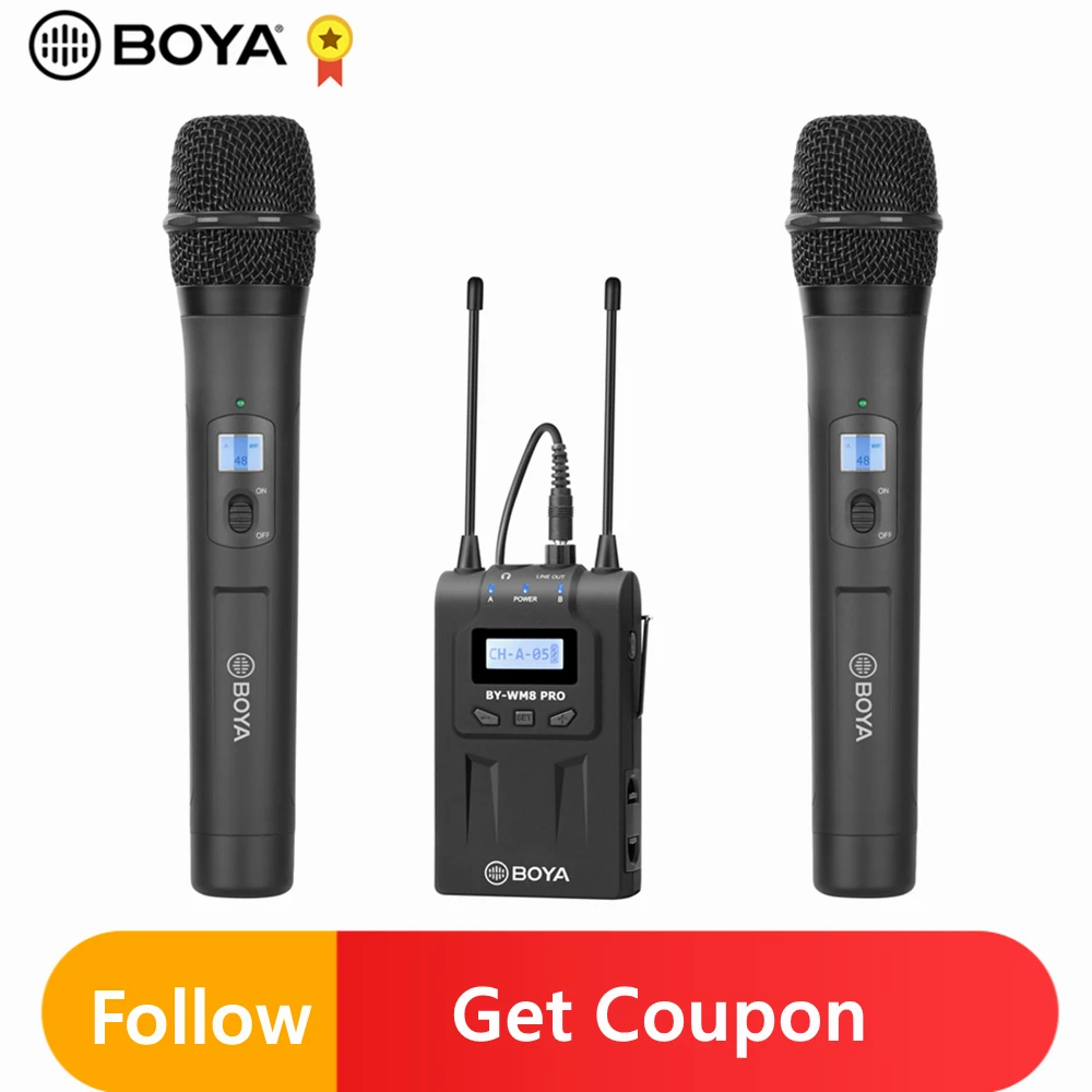 

Беспроводной ручной микрофон BOYA BY-WHM8 Pro, 48 каналов, динамический микрофон УВЧ, подходит для записи видео и интервью с зеркальной камерой
