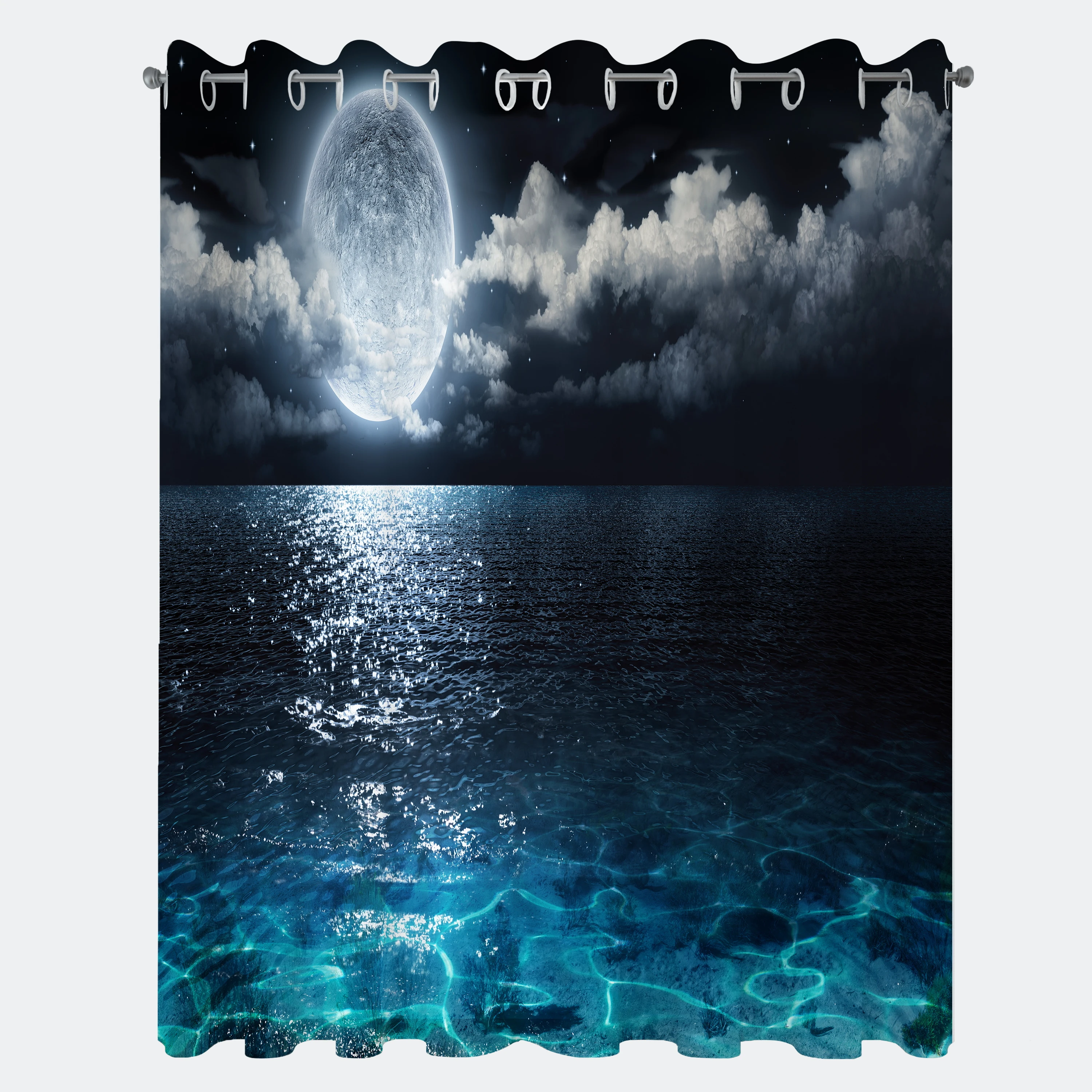 

Night Sky Curtains Full Moon and Foggy Clouds with Turquoise Glass Like Sea Ocean Print Living Room Bedroom Window Curtain Blue