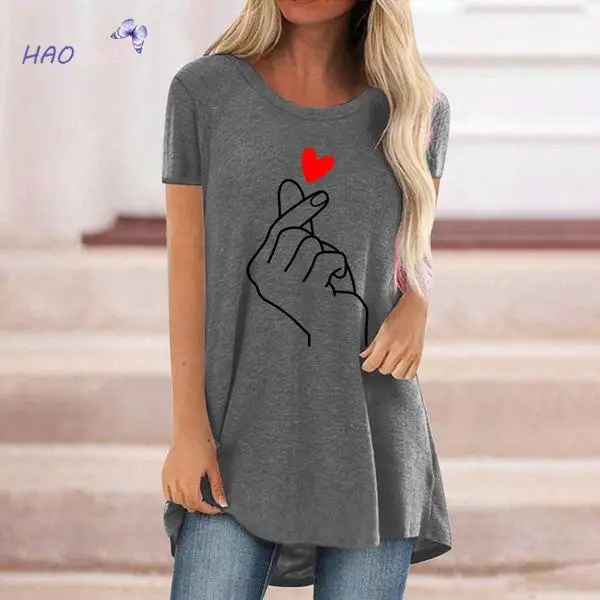 

HAOOHU 2021 Summer Hot Sale Finger Heart Print Casual Large Size Mid-Length round Neck Short Sleeve T-shirt for Women