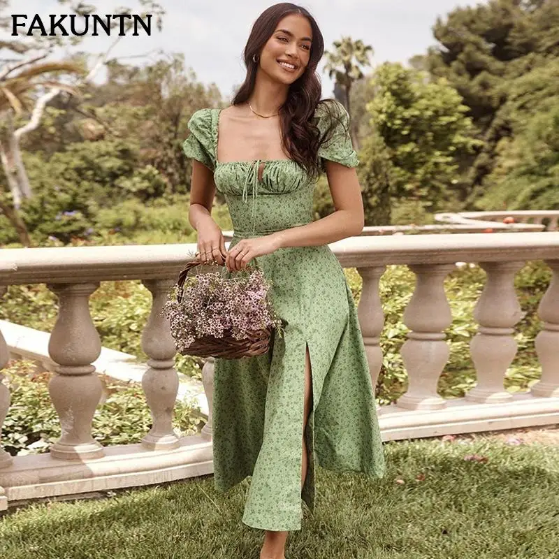 

Green Floral Midi Dress Women Summer 2021 Fashion Square Collar Short Sleeve Party Puff Sleeve Vintage Dress Vestidos