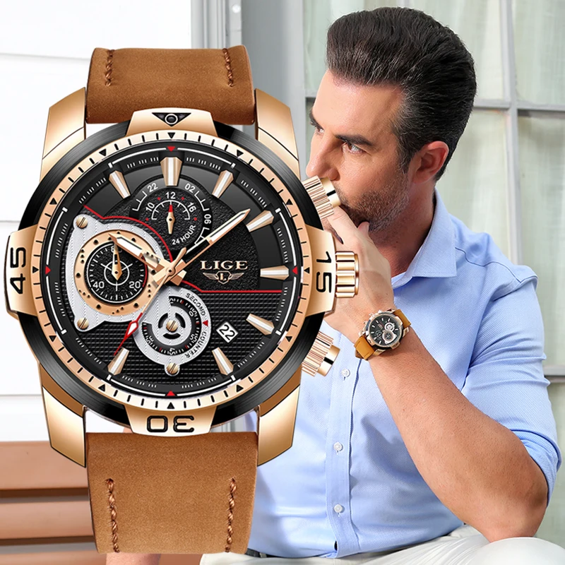 2022 LIGE Mens Watches Top Brand Luxury Casual Leather Quartz Clock Male Sport Waterproof Watch Gold Watch Men Relogio Masculino