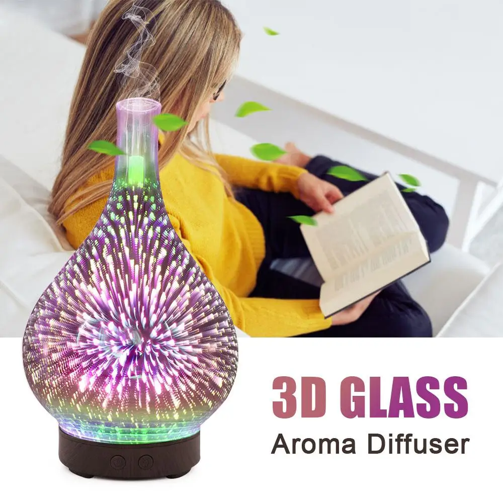 

100ml Ultrasonic Humidifier 3D Fireworks Cool Mist Humidifier Aroma Diffuser Glass Vase Mist Maker with 7 Color Led Night Light