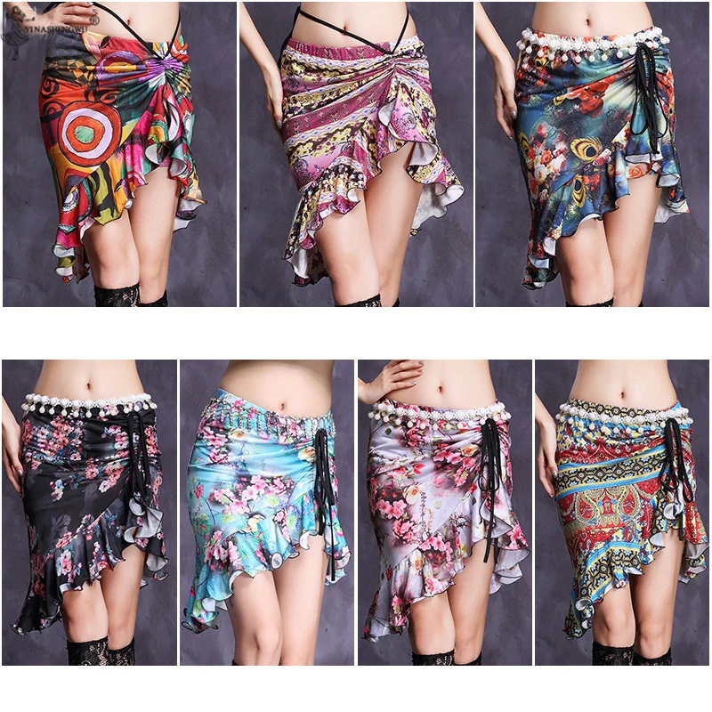 

Women Belly Dance Costume Clothes Short Skirts Practice Wrapped Ice Silk Bellydance Sexy Tribe Flower Skirt Dancing Wear New
