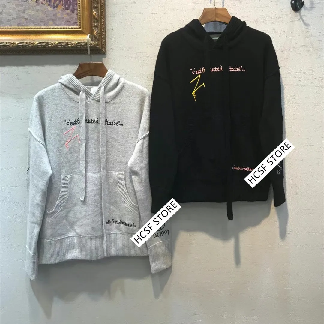 

Women Letters Printed Graffiti Pullover 100% Cashmere Big Pockets Long Sleeve Hooded Drawstring Sweater Top