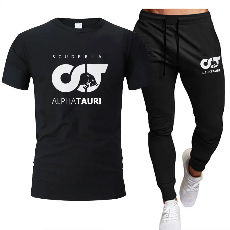 Summer Men Sets Brand Printed F1 Scuderia Alpha Tauri Pierre Gasly Racing Drive To Fashion Short Sleeve Cotton T-shirt+Trousers
