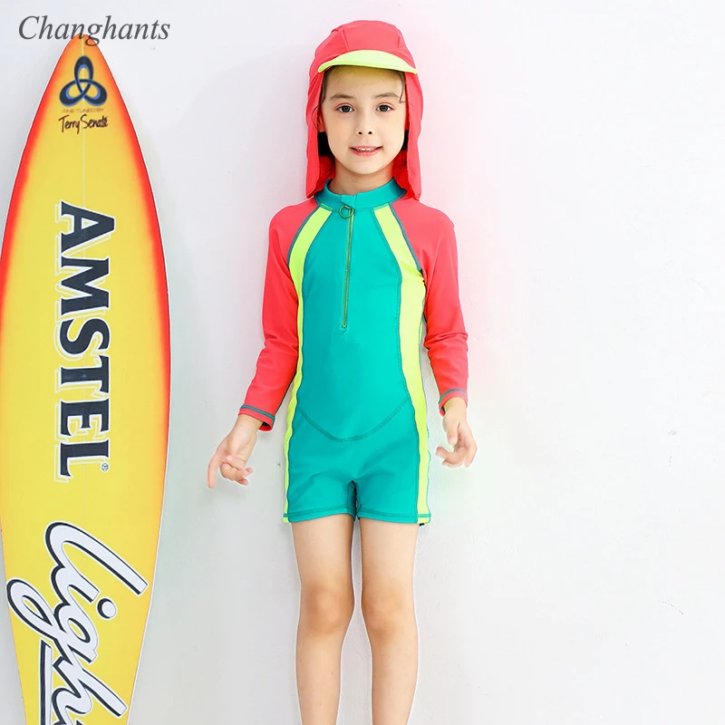 

2-15Y Girls Long Sleeve Rash Guard Multi Patchwork Kids One Piece Swimsuit Boys Surfing Suit with Sunny Hat Teen Swim Pool