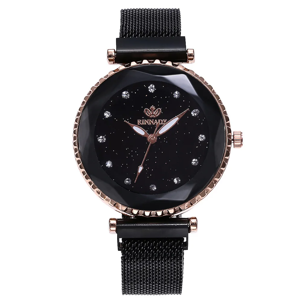 rinnady061black Женские часы из нержавеющей стали с сетчатым ремешком, наручные часы в римском стиле, модные кварцевые часы с магнитной пряжкой, роскошные часы Relojes Mujer - Цвет: rinnady061black