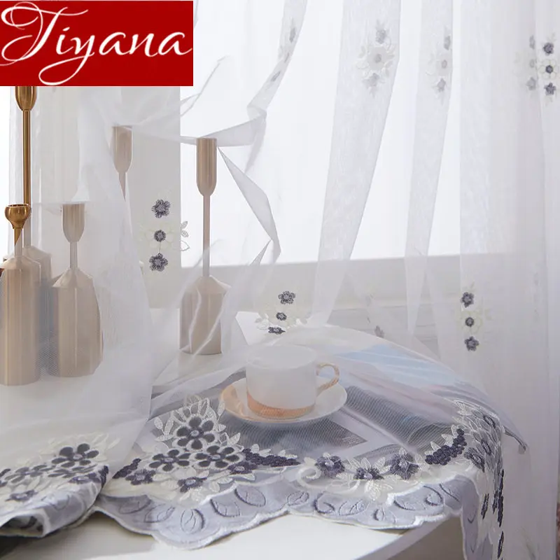 Пасторальная серая Цветочная белая марлевая вуаль с вышивкой для гостиной