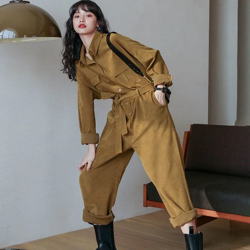 

3XL Womens Long Sleeve Dungarees Rompers Corduroy Jumpsuit Loose Straight Pants Casual Turndown Collar Overalls Playsuits X203