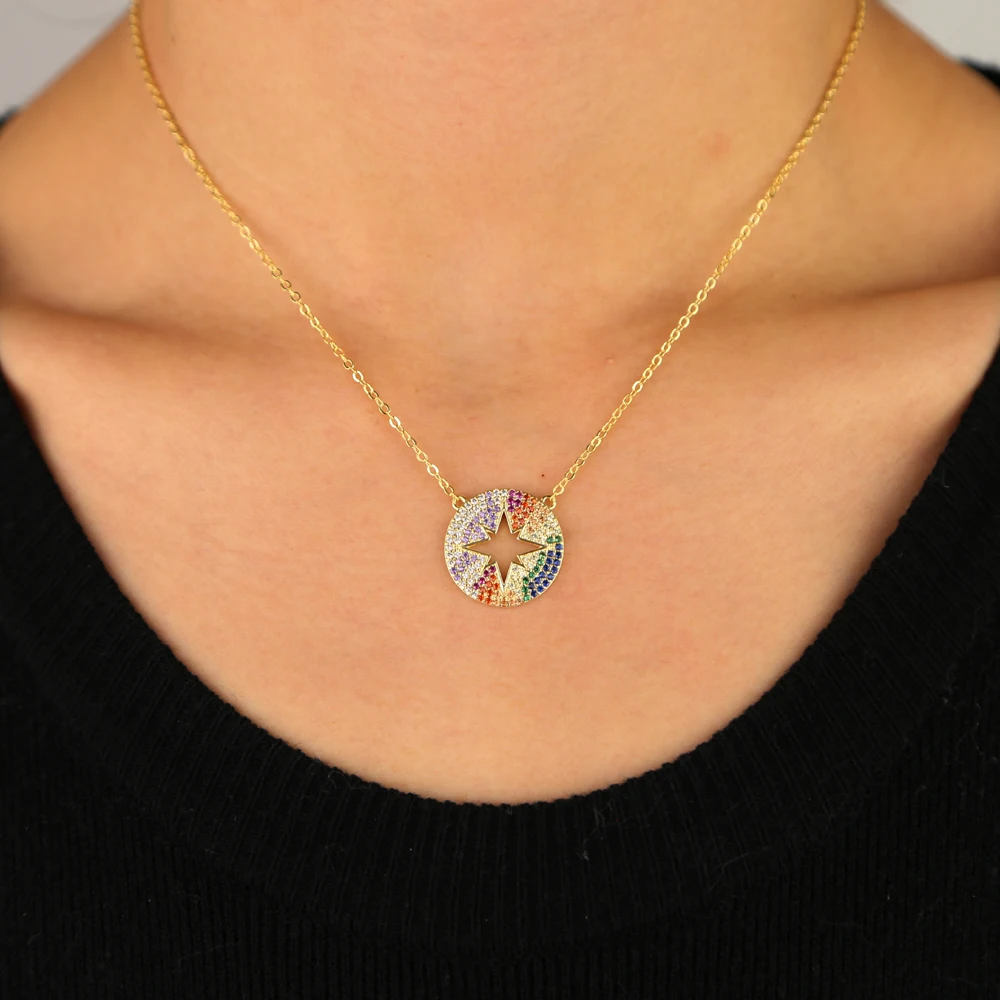 2021 полые блестящие Радуга Шарм звезда Подвеска золотого цвета с твердым