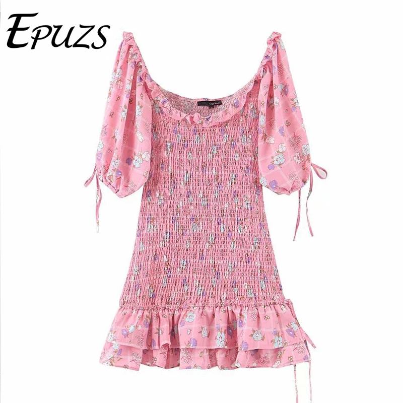 Бохо цветочный принт розовое сексуальное платье женское с буфами рукав Винтаж