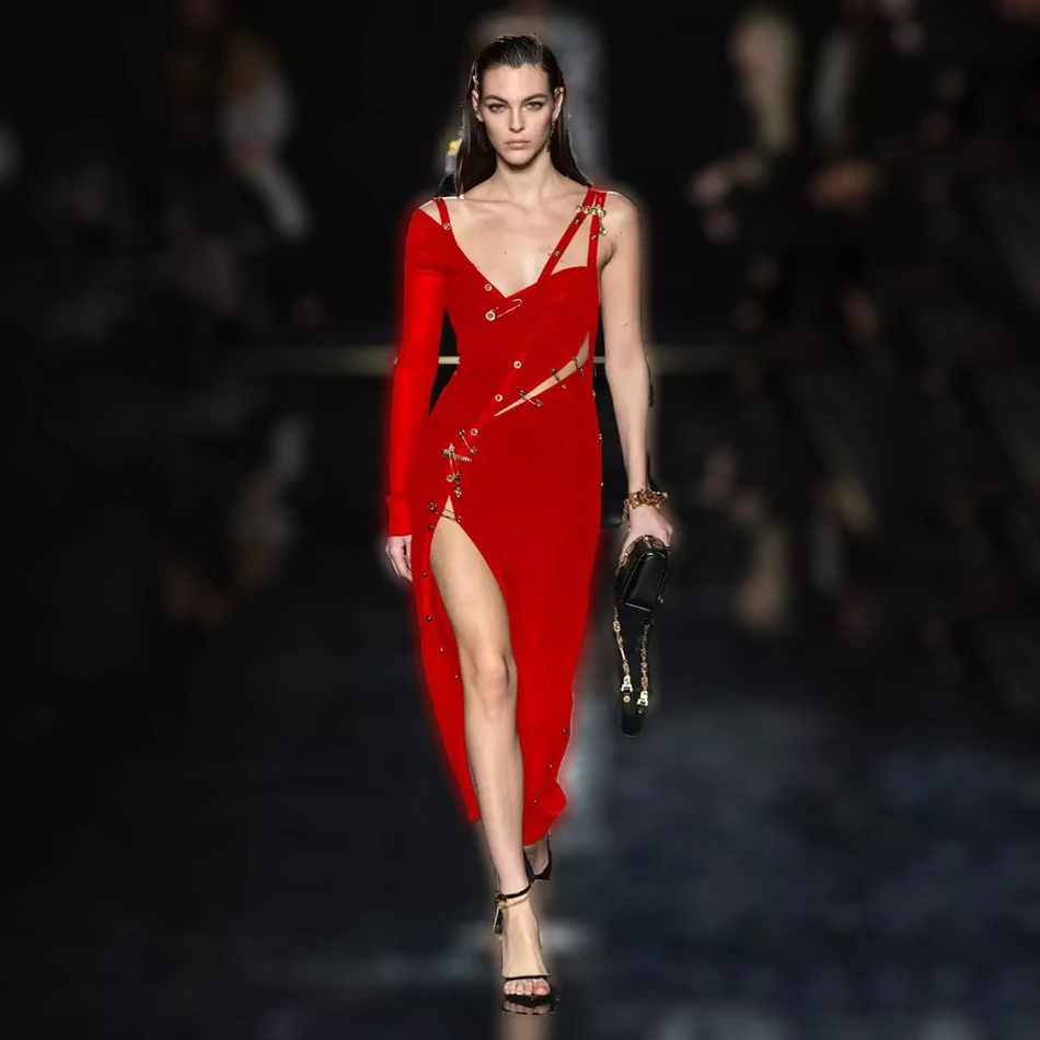 

Модные женские на бретелях с v-образным вырезом горловины и с длинными рукавами Vestidos металлической пряжкой и боковой застежкой-высокая Разд...