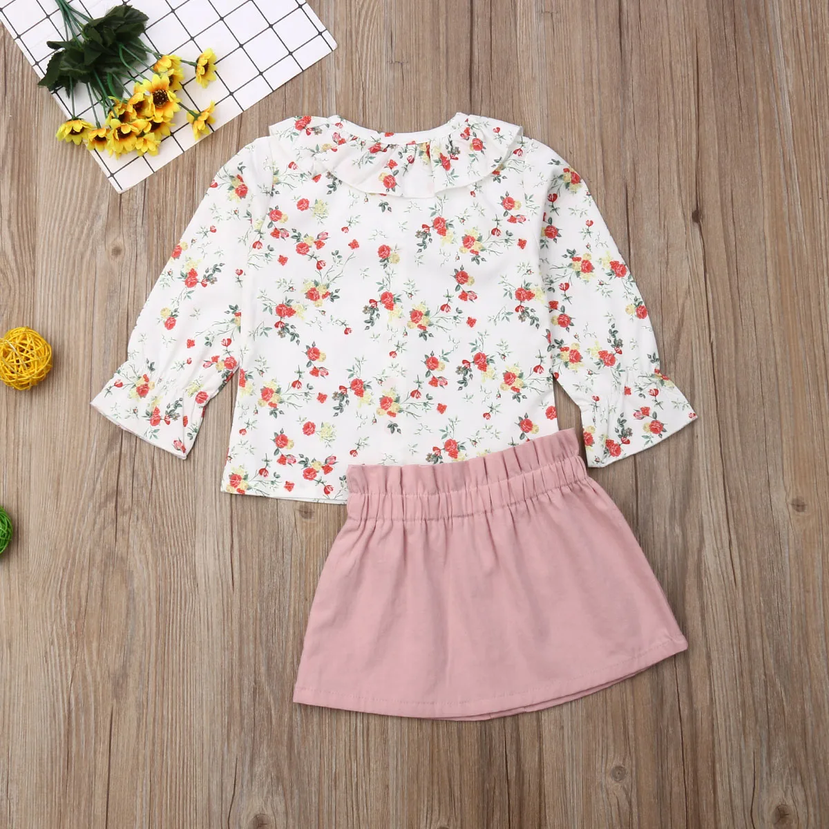 

Casual 2PCS Toddler Baby clothing sets Girl Autumn Clothes ruffles Floral printed Tops Blouses and flower Skirts Outfits