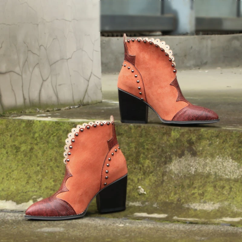 

Women High Heel Boots 2021 Spring Chunky Ankle Boots Pointed Toe Snakeskin Booties Female Fashion Mixed Colors Short Shoes