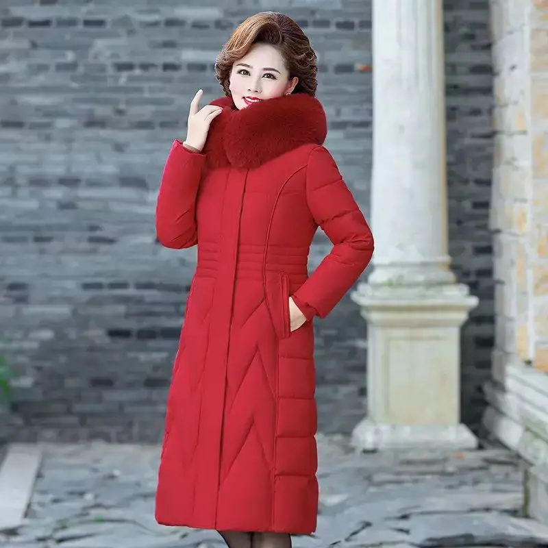 2021 New Women's X-Long Winter Big Pocket Hooded Windproof Down Jacket With Fur Collar Oversized Cotton Padded Coat s1348