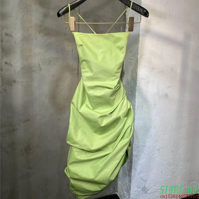 

Casual Ruched Dress For Women Spaghetti Strap Square Collar Backless Dresses Female 2020 Summer Fashion New