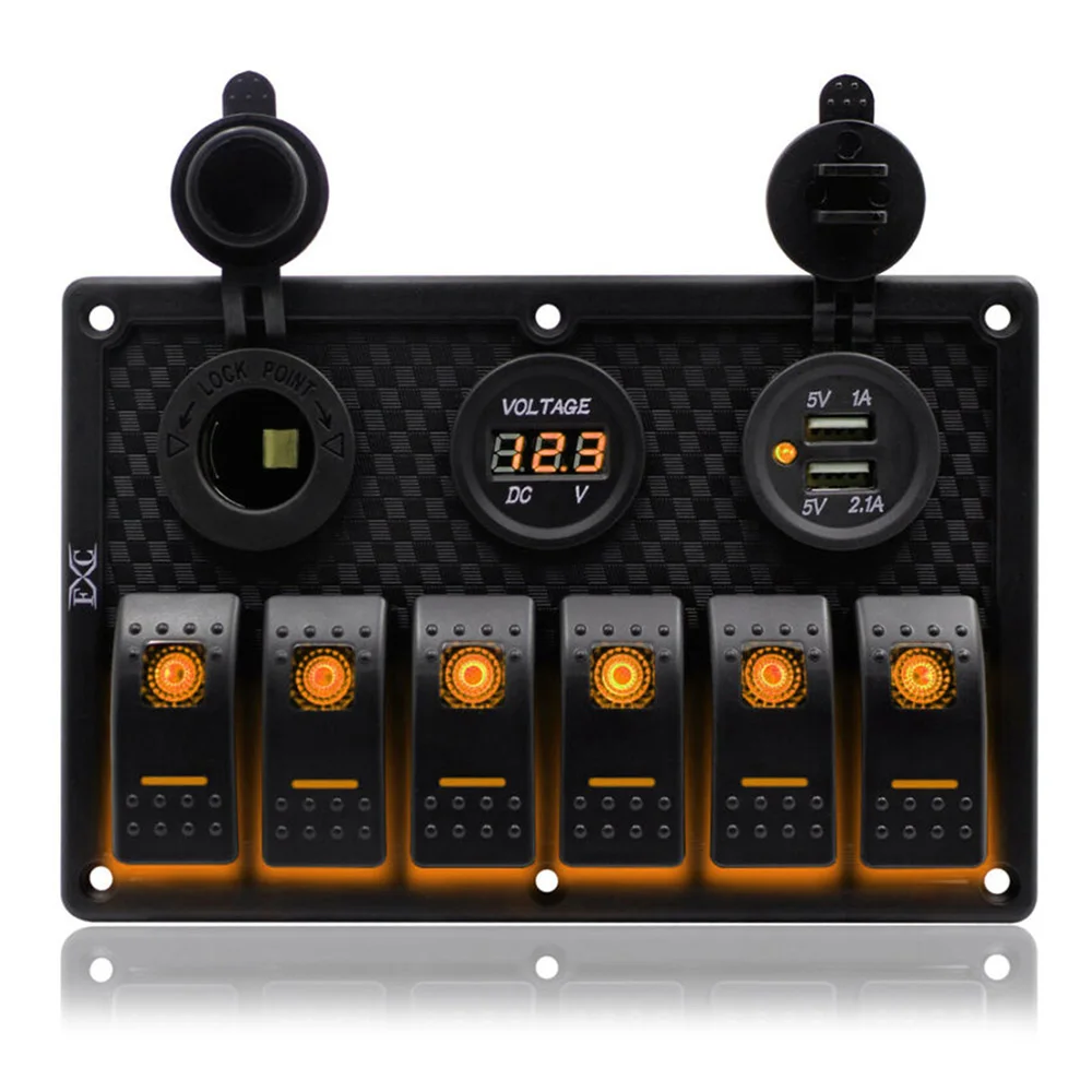 

1 Set RV Accessories 6 Gang Toggle Switch Panel Breaker Orange LED 2 USB RV Car Marine Boat Voltmeter