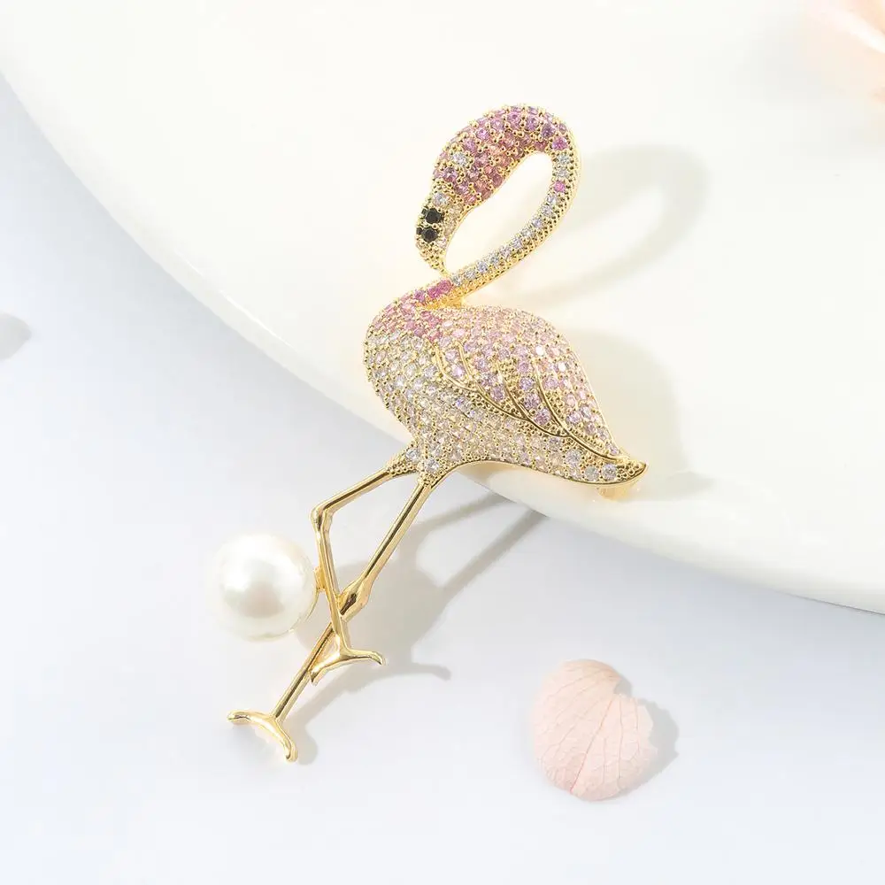 Neoglory Elegant Flamingo Bird Brooch For Women Shell Pearl &amp Cubic Zircon Golden Vivid Coat Pins Mother‘s Day Gifts | Украшения и