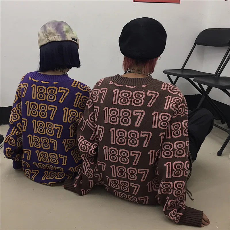 

New Autumn Gothic Women Sweater Loose Streetwear 1887 Jacquard Sweater Female Harajuku Casual Sweater Mujer