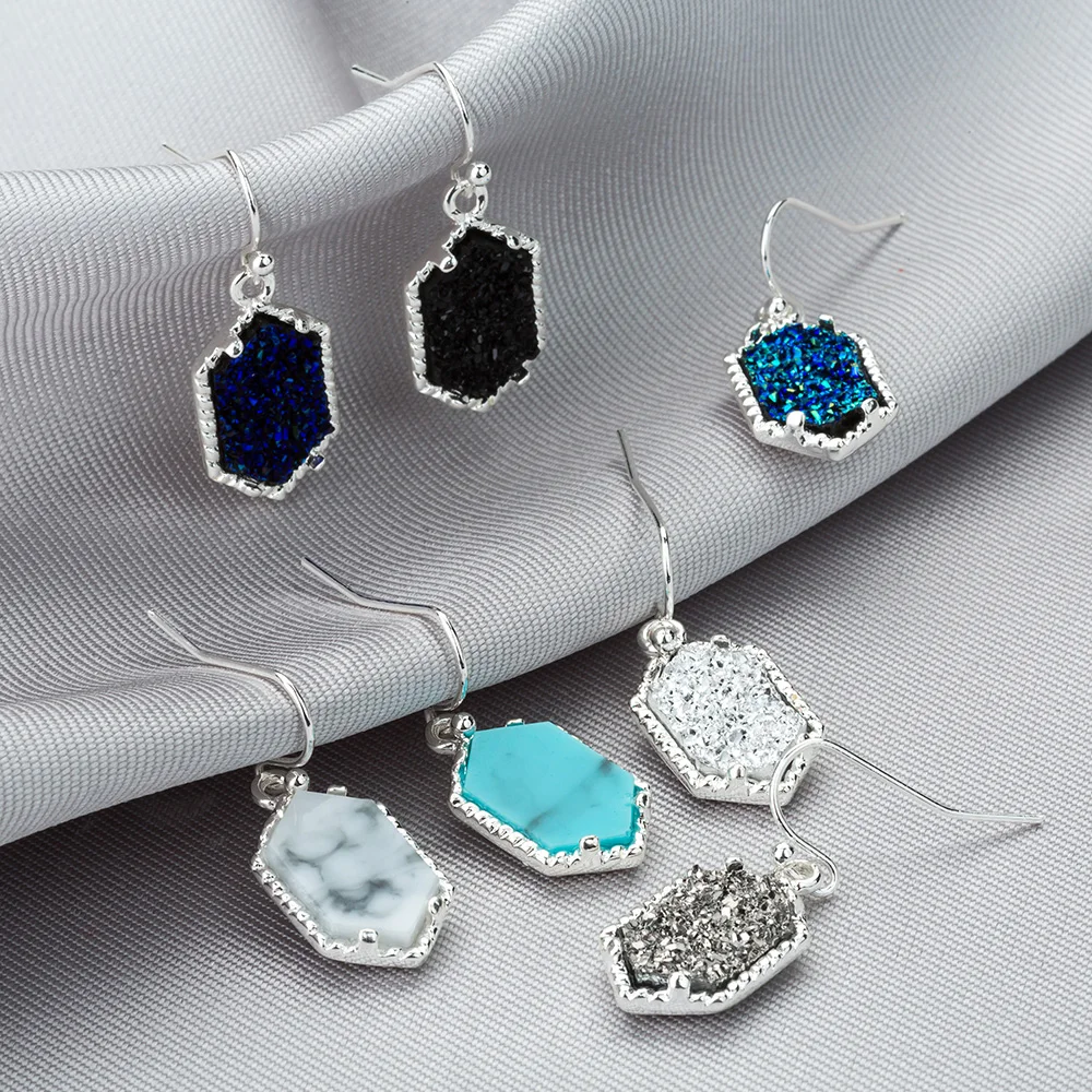 Серьги Drusy с друзой 14 цветов имитация смолы хрустальный камень шестигранный