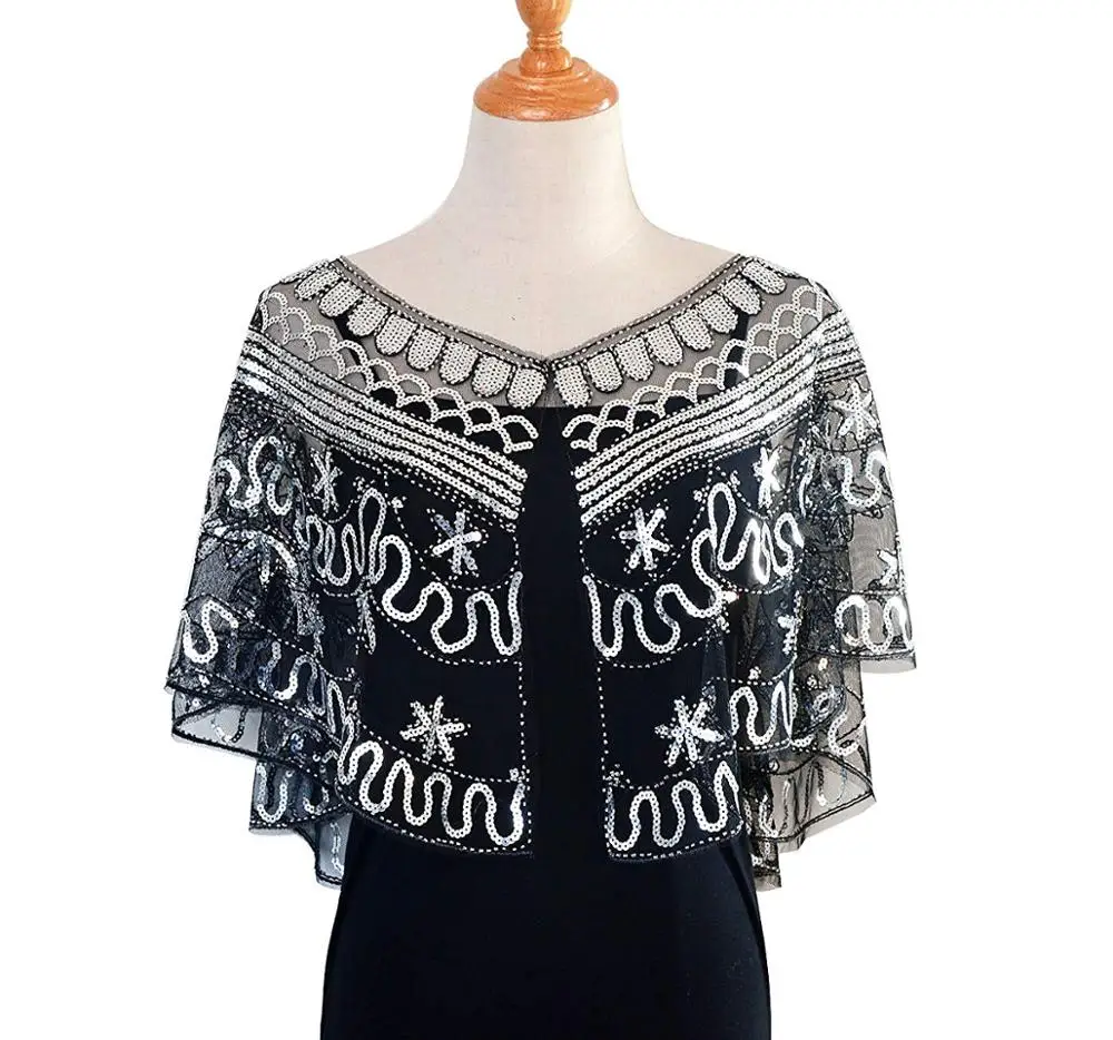 silver Женская Блестящая шаль 1920 s, накидка с блестками и бисером, вечерняя накидка, болеро, Хлопушка, черная накидка - Цвет: silver