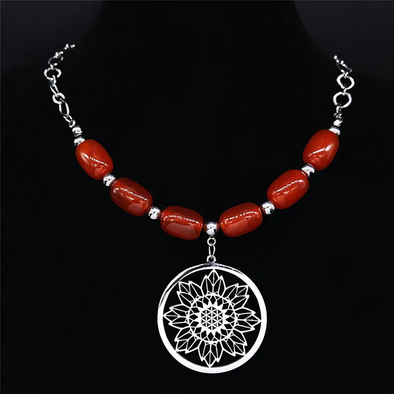 

Bohemian Sunflower Flower Stainless Steel Natural Stone Chocker Necklaces Women Silver Color Necklace Jewelry bijuteria N4407S04