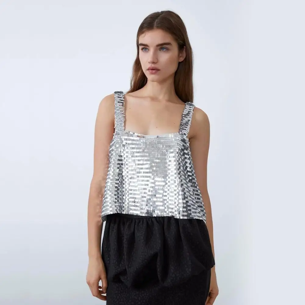 ZA женский топ с серебряными пайетками 2019 майка открытой спиной сексуальный мини