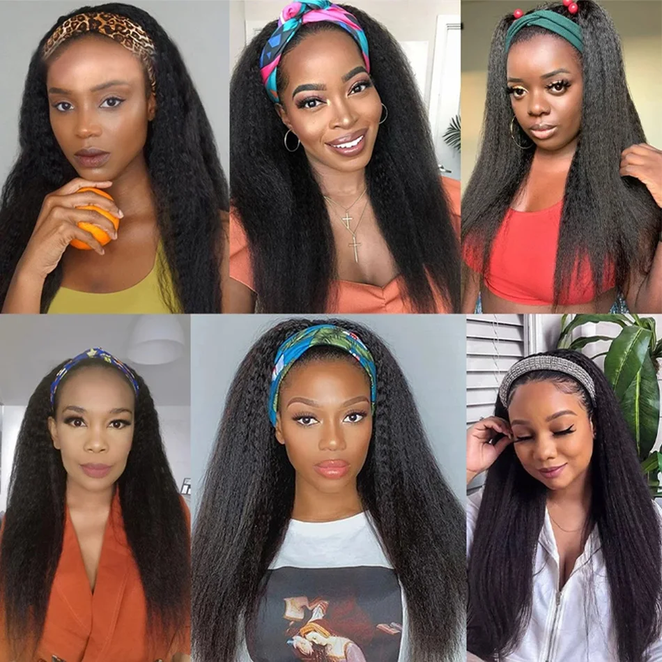 

30 32 Long Inch Yaki Straight Headband Wigs with Scarf 100% Remy Kinky Straight Human Hair Glueless Wigs Black Women Bangs Wig
