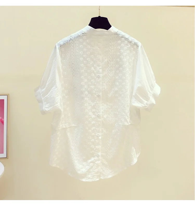 

2021 Summer White Blouse New Handmade Beaded Flower Decoration V-neck Short-Sleeved Shirt Women's Casual Shirt Fashion Tops