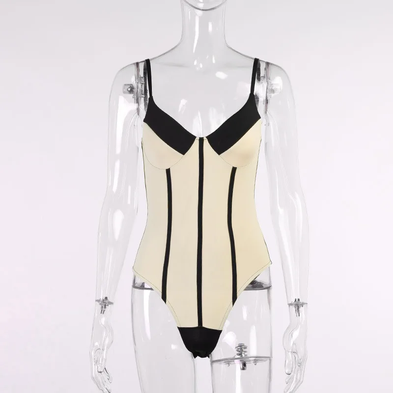 

2021 Women Bodysuit Striped Patchwork Colorblock Sling V Neck One Piece Romper Jumpsuit Overalls Streetwear Onesies