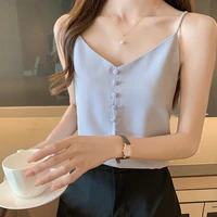 tank top women camisole 2022 fashion solid crop top sleeveless v neck backless sexy camis ladies tops button basic women clothes