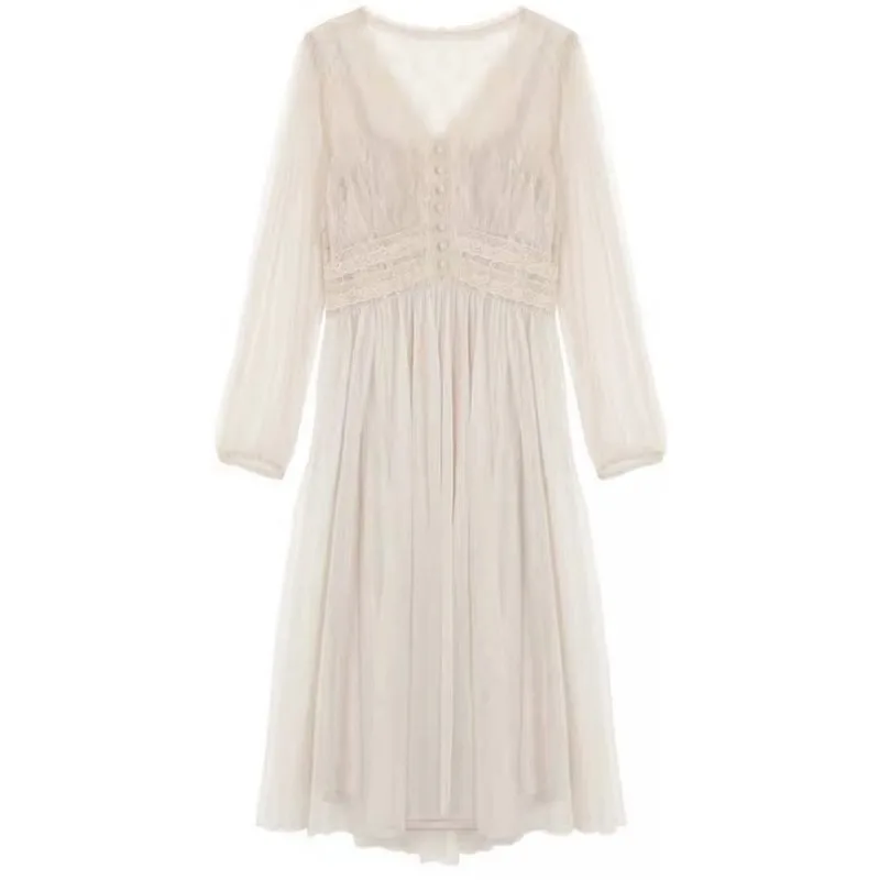

Puff Sleeve Sexy V-neck Lace Mesh Dress Women 2021 Spring Summer Fashion Fairy Midi Dresses Elegant Empire Ladies Dress Vestidos