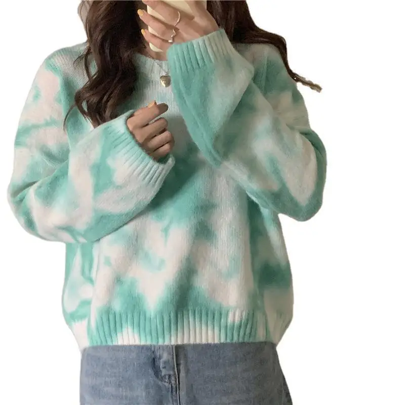 

Women Sweaters Fashion Tie Dye Pullover Autumn Winter O-neck Long Sleeve Loose Knitted Soft Warm Jumpers Ladies Sweater Tops