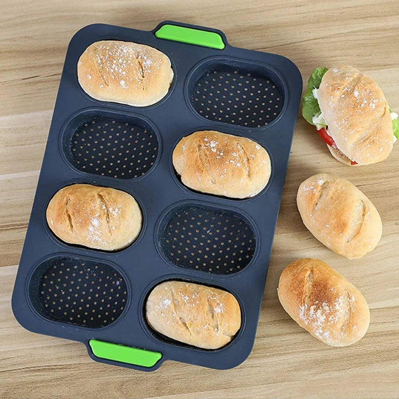

Kitchen Baking Tools Perforated Hamburger Molds Muffin Pan Tray Silicone 8 Grids French Bread Mold