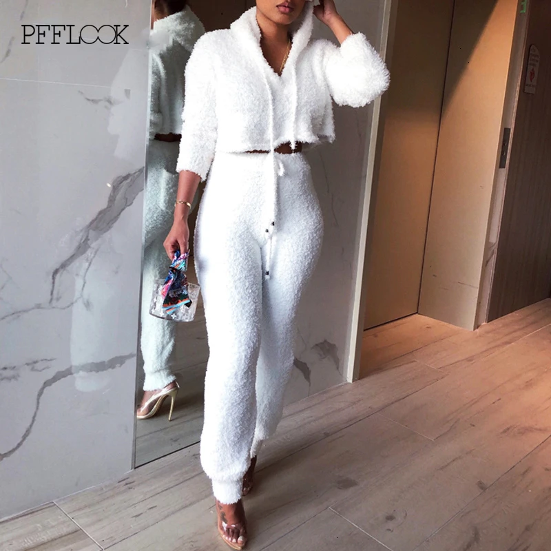 PFFLOOK осенний Женский комплект из 2 предметов, зимняя одежда, элегантный Однотонный свитер, уличная одежда, одинаковые комплекты, повседневный флисовый комплект из двух предметов
