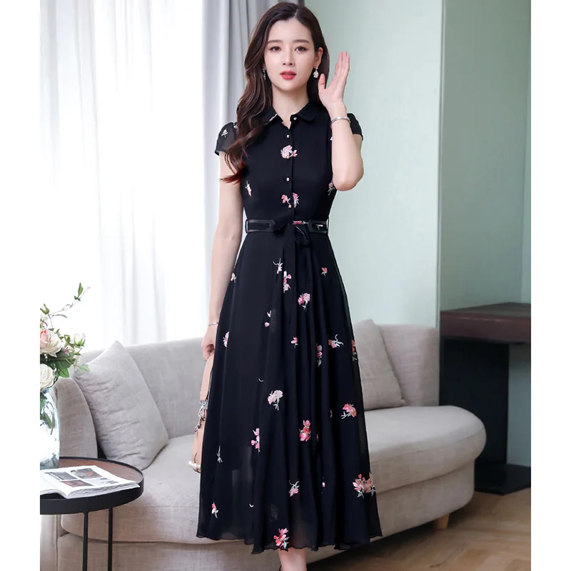 

2021 Summer Short Sleeve Chiffon Dress Elegant Slim Turn Down Collar Print Women dress Plus Size Vintage Vestidos