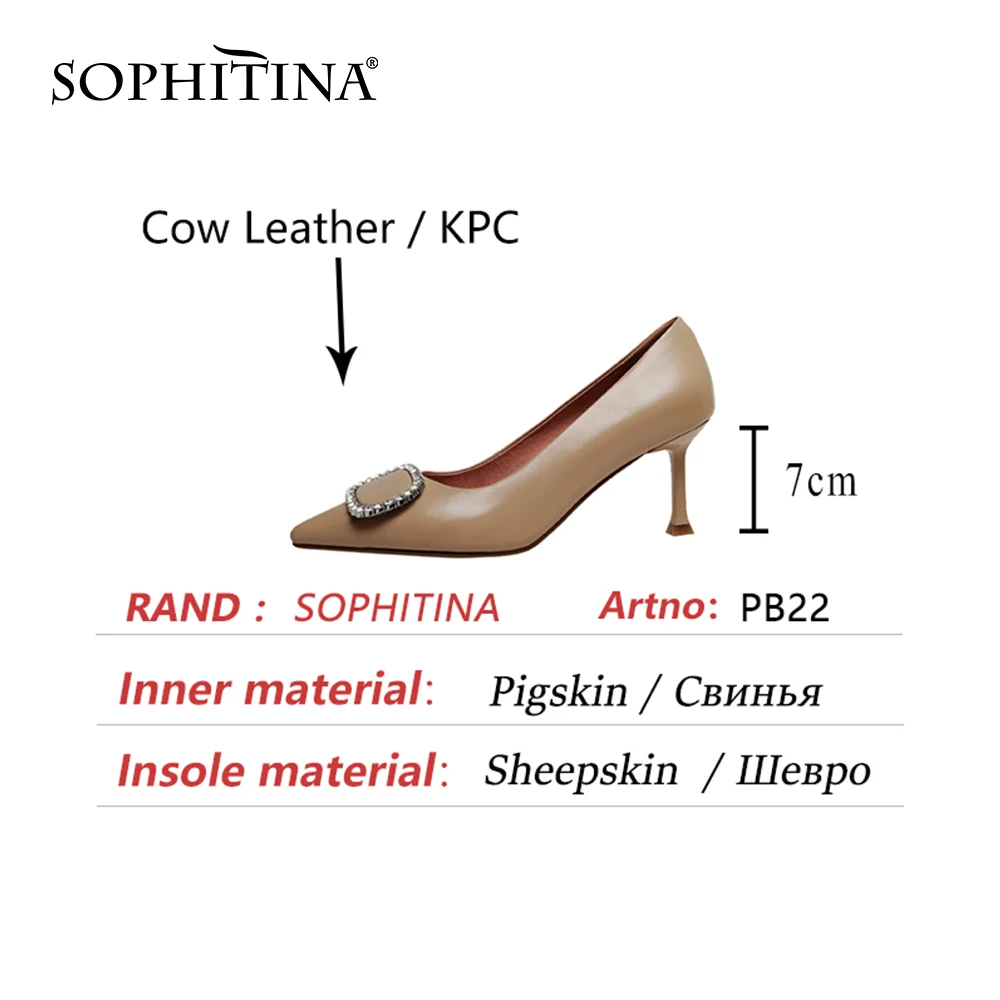 

SOPHITINA Pumps Woman Shallow Genuien Leather Pointed Toe Crystal Decoration High Thin Heel Offcie Lady Shoes PB22