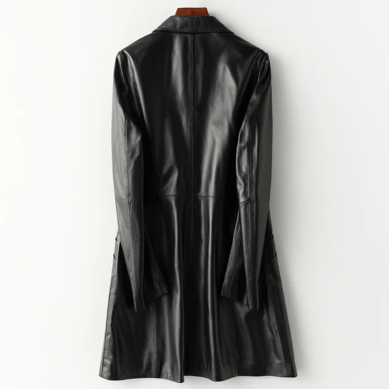

Leather Fashion Genuine Long Jacket Female Spring New Sheepskin Black Trench Coat Elegant Office Lady Single Breasted Overcoat