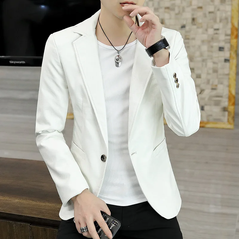 

COO 2021 Men's Slim PU Leather Suit Youth Handsome Double Buckle Solid Color Leisure blazer