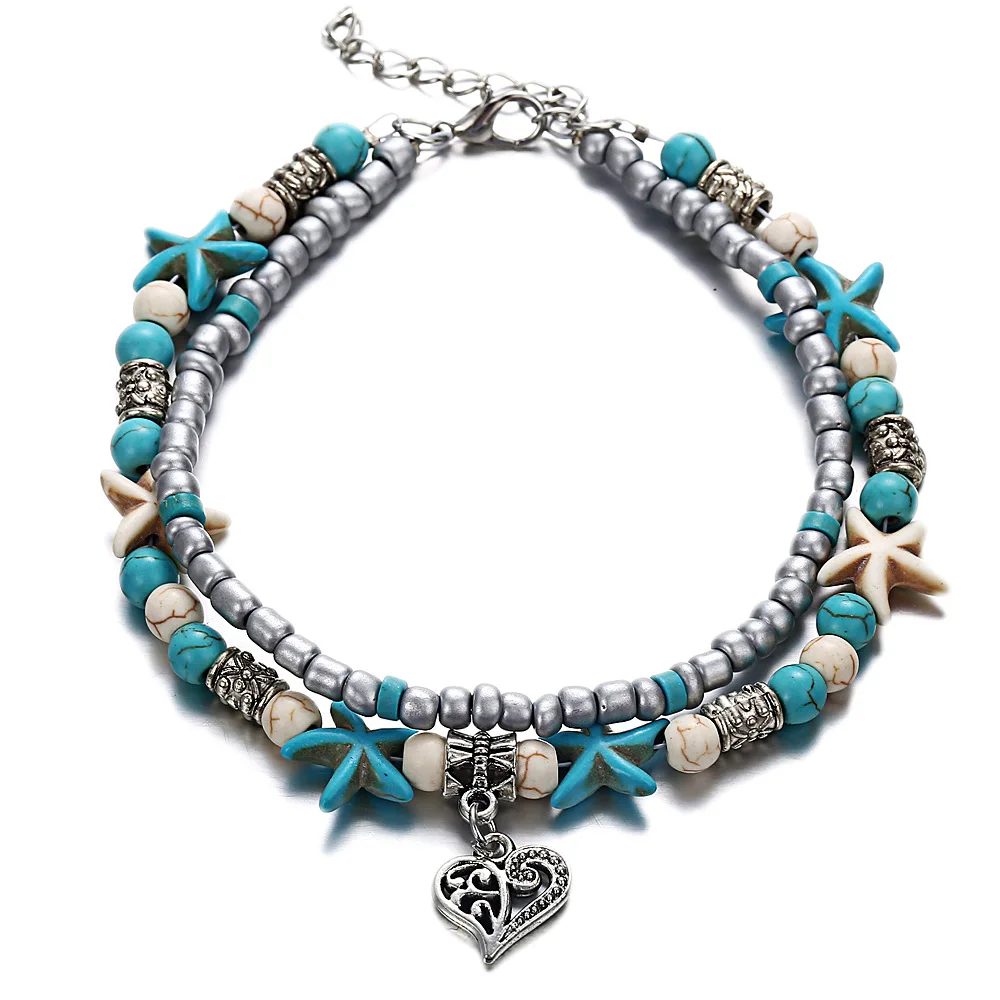 

LE SKY Bohemian Crystal Stone Anklets Double Beach Foot Chain Conch Starfish Alloy Turtle Pendant Leg Bracelet Women Jewelry