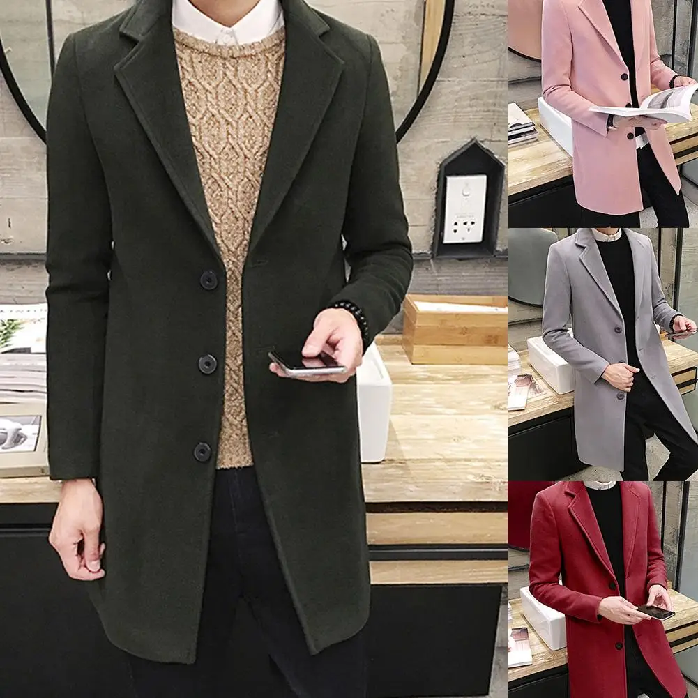 

Plus Size Men Solid Color Long Sleeve Lapel Collar Buttons Woolen Trench Coat