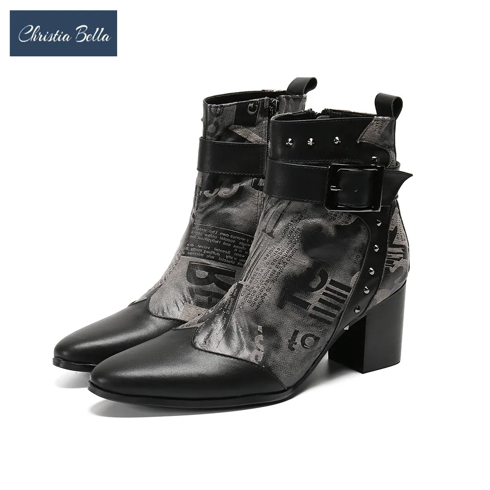 Мужские Ботильоны из натуральной кожи на высоком каблуке с заклепками и острым