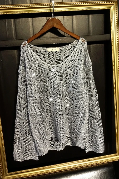 

New Female Hollow-out V-neck Fashion Knitted Sweater Sexy Sequined Shiny All-matching Thin Knitwear Elegant Silver Top