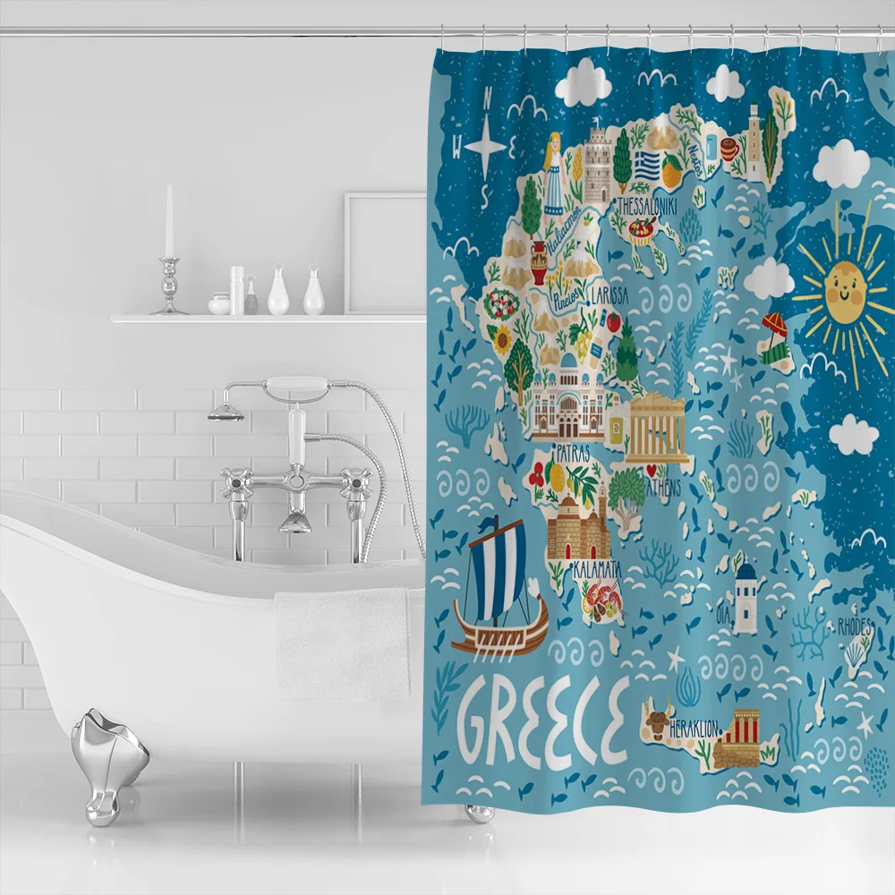Greece Island Map Cartoon Shower Curtain Waterproof Bathroom Curtains Polyester Fabric Hooks for Decor | Дом и сад