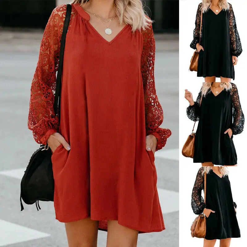 

2020 Women's Hollow Lace Long Sleeve V-Neck Loose Casual Solid Dress Red Dress Spring Summer