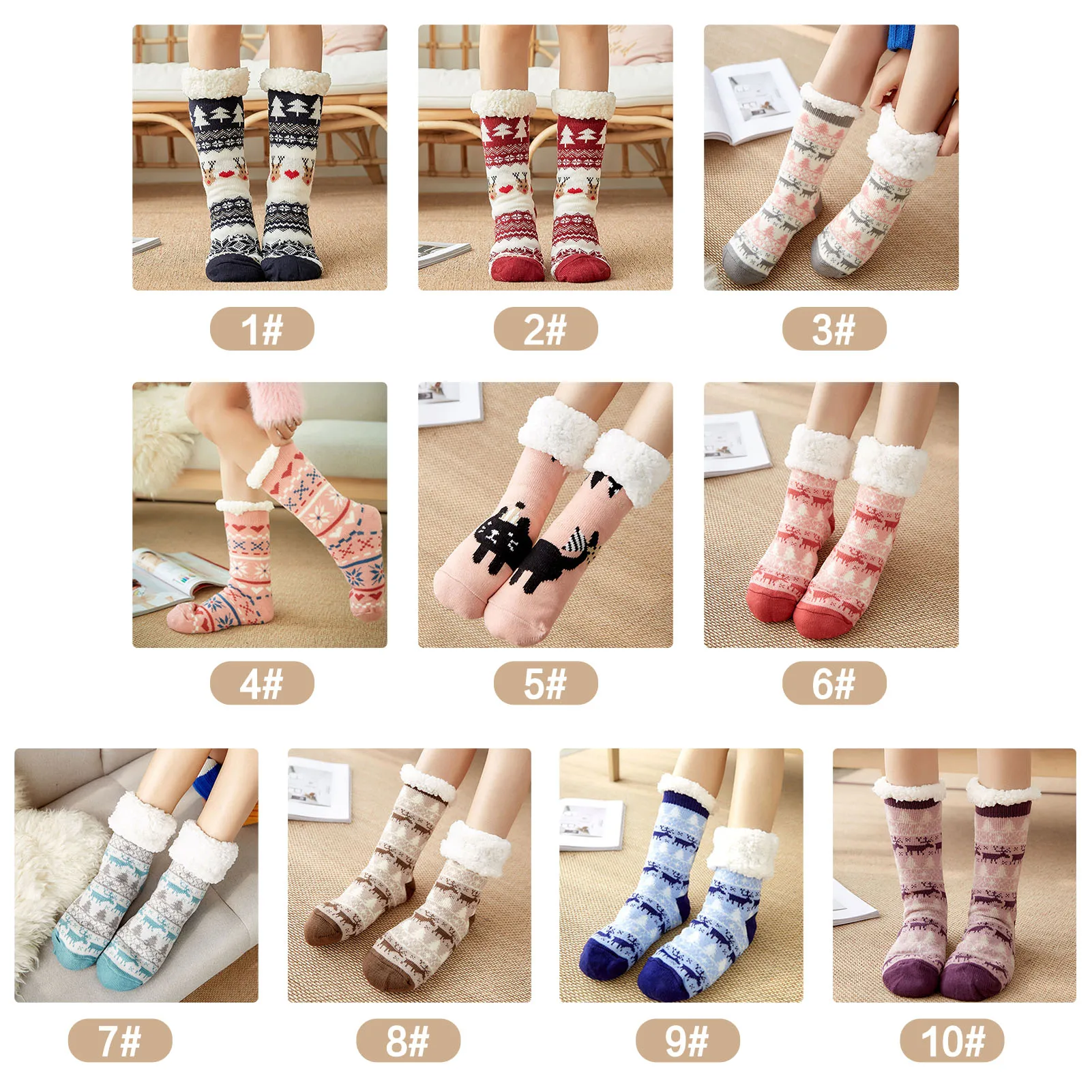 

Women Christmas Slipper Socks Warm Fleece Lined Knitted Anti-Slip Lounging Winter Thermal Casual Socks